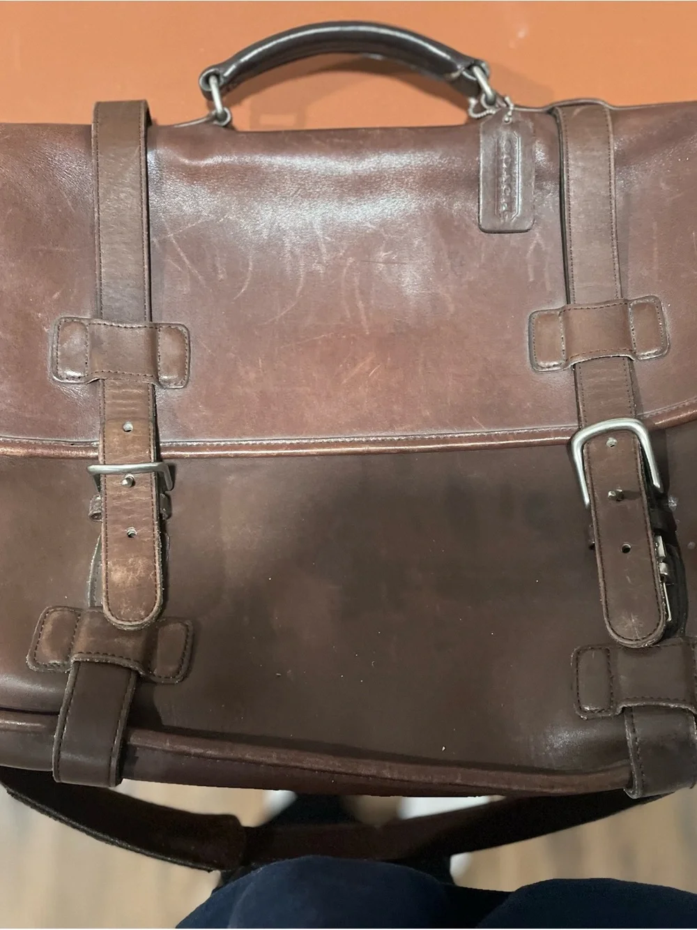 Coach Men's Dark Brown Leather Briefcase with Embossed Logo